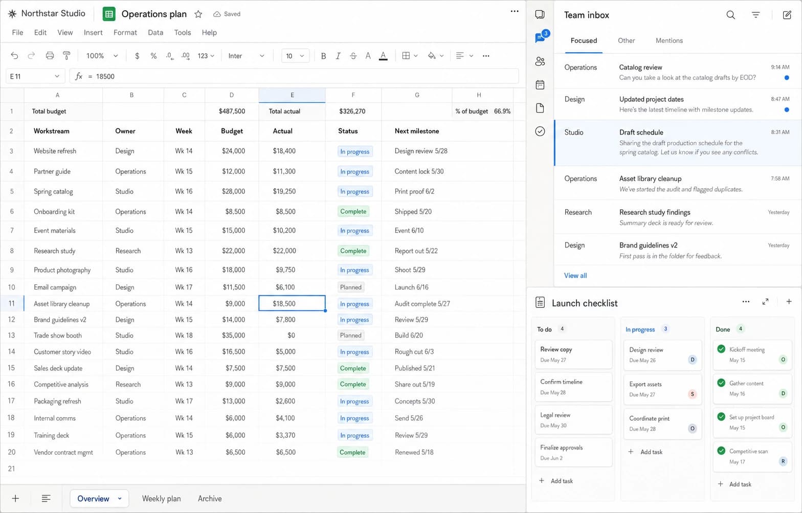 Illustrative fictional workspace with an operations spreadsheet, team inbox, and project board. This is not an actual benchmark capture.